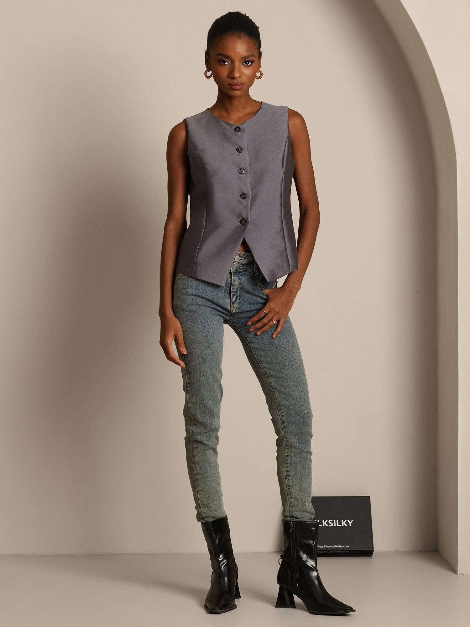 [Grigio] SilkSilky-IT 32Momme Seta Womens Vest 008,