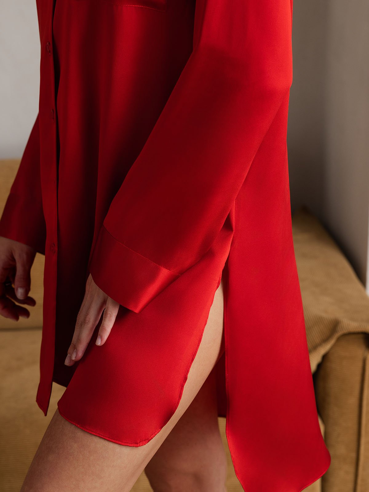 [Rosso] SilkSilky-IT Seta pura Colletto risvolto Camicia da notte 005