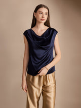 [Blu Scuro] SilkSilky-IT Cap Sleeve Cowl Neck Magliette donna 001