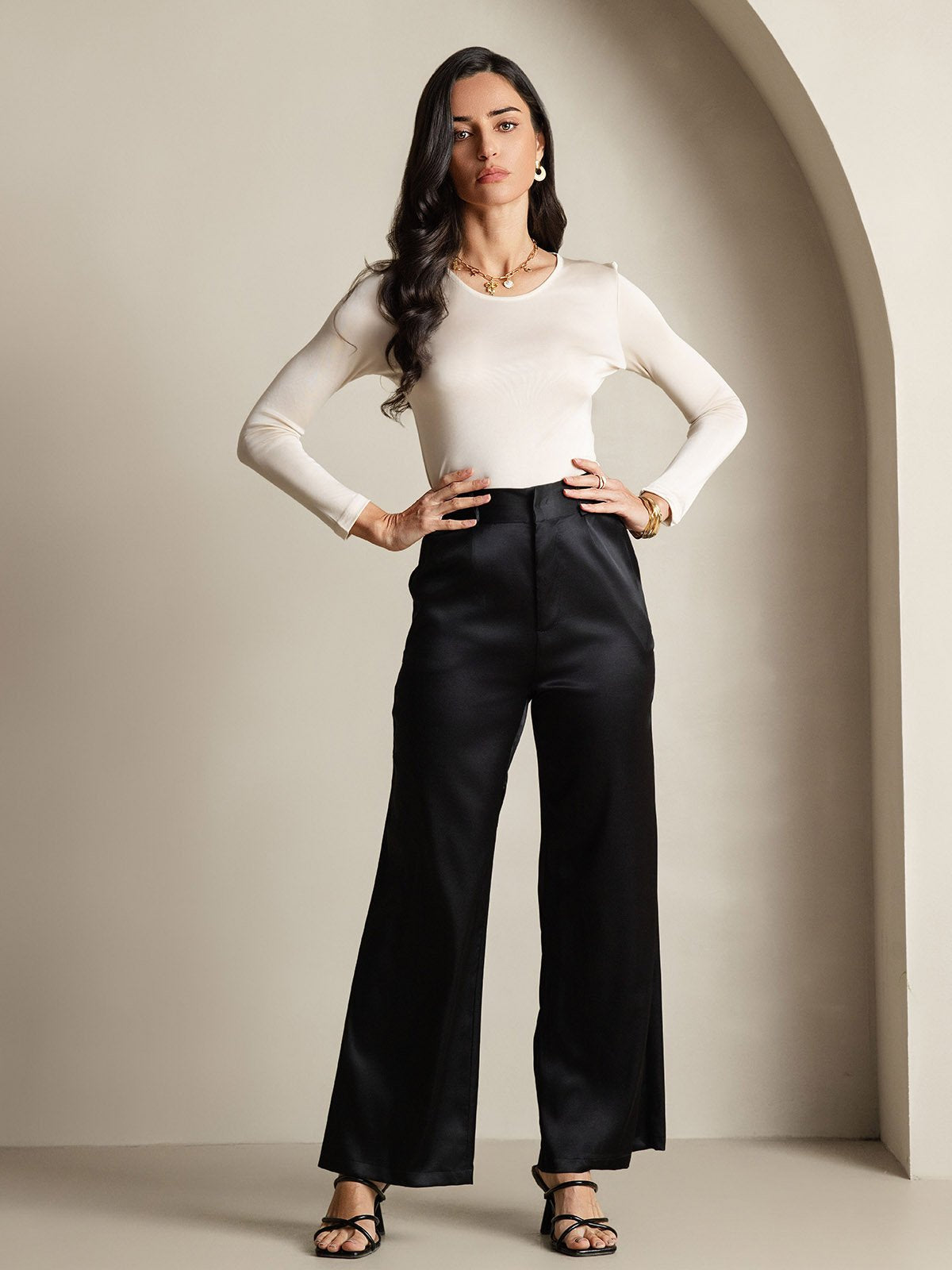 [Beige] SilkSilky-IT Manica lunga Scollo rotondo Magliette donna 008