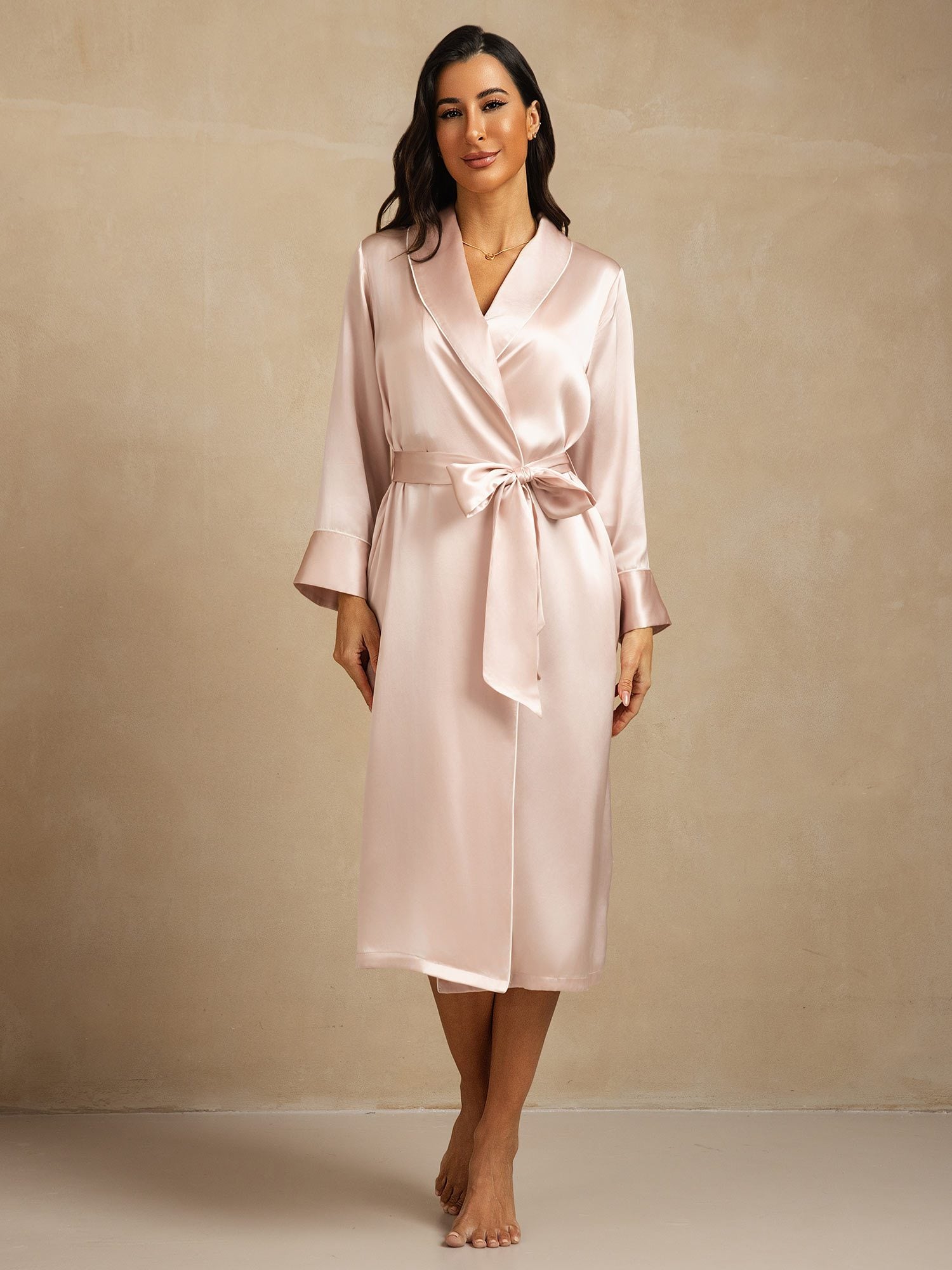 [Rosa] SilkSilky-IT Seta pura Colletto risvolto Vestaglia da donna 003,