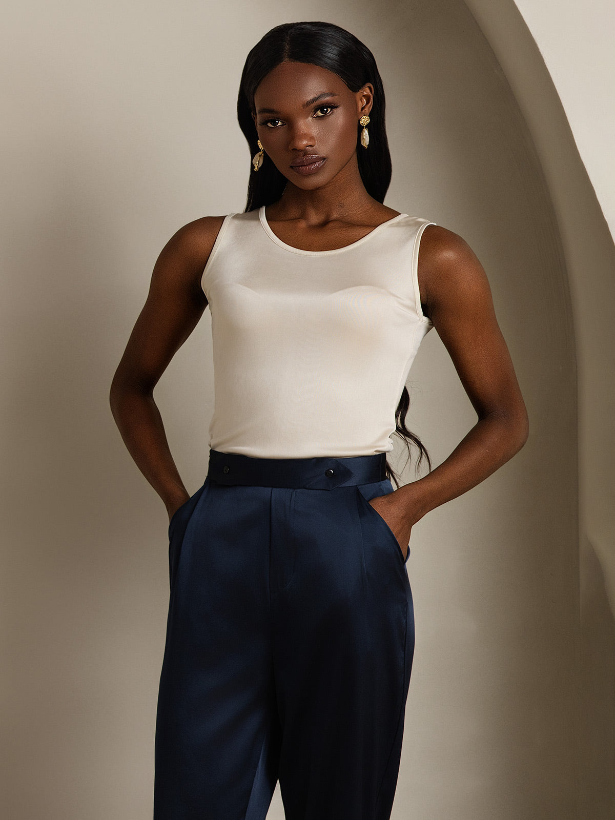 [Beige] SilkSilky-IT Maglia di seta Womens T-Shirt 001