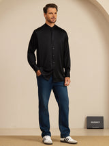 [Nero] SilkSilky-IT Long Sleeve Stand Collar Camicia da uomo 008