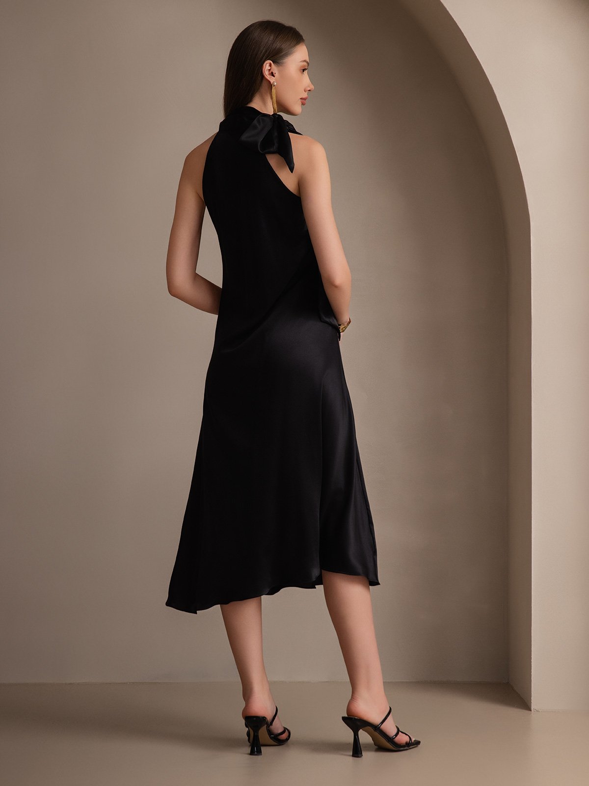 [Nero] SilkSilky-IT 19Momme Seta Senza maniche Nodo al collo Vestiti da donna 002