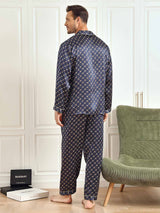 [Catena Blu Navy] SilkSilky-IT Long Sleeve Lapel Collar Pigiami da uomo 003