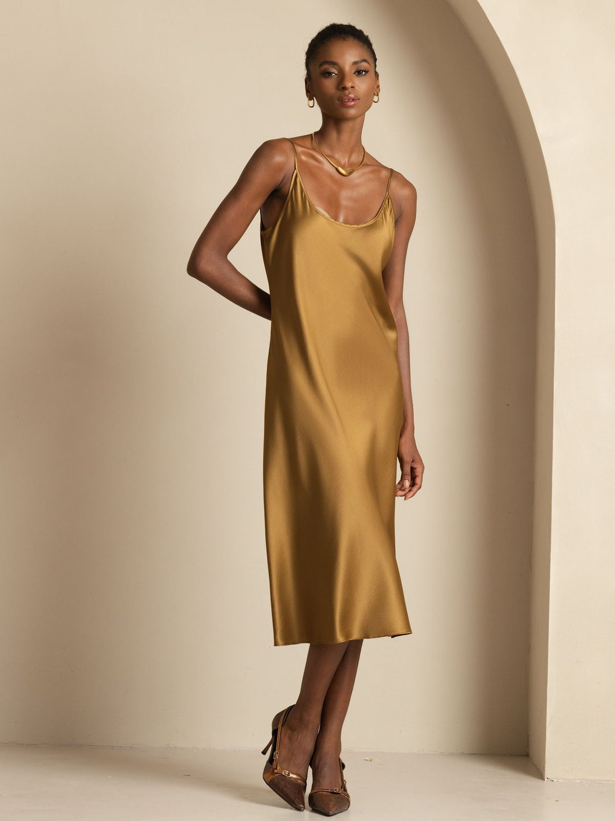 [Marrone] SilkSilky-IT Sleeveless Collo a U Vestiti da donna 001