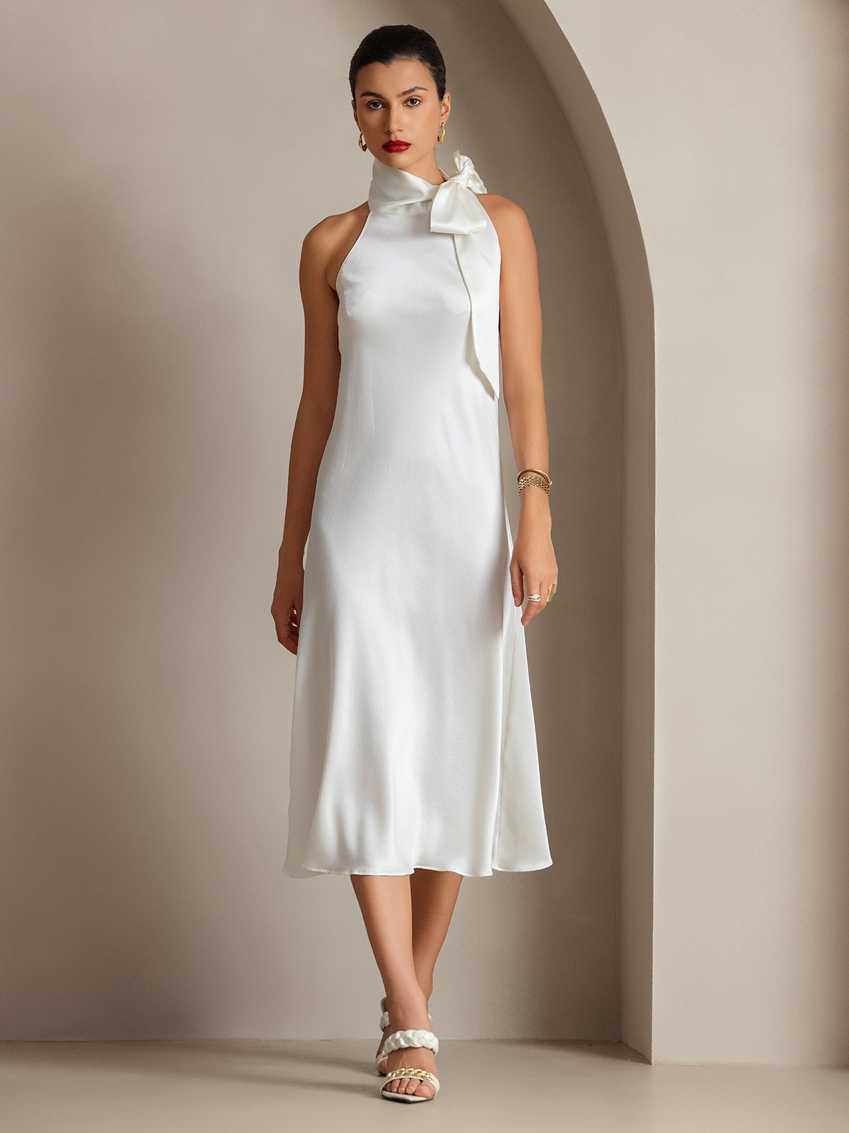 [Bianco] SilkSilky-IT 19Momme Seta Senza maniche Nodo al collo Vestiti da donna 007
