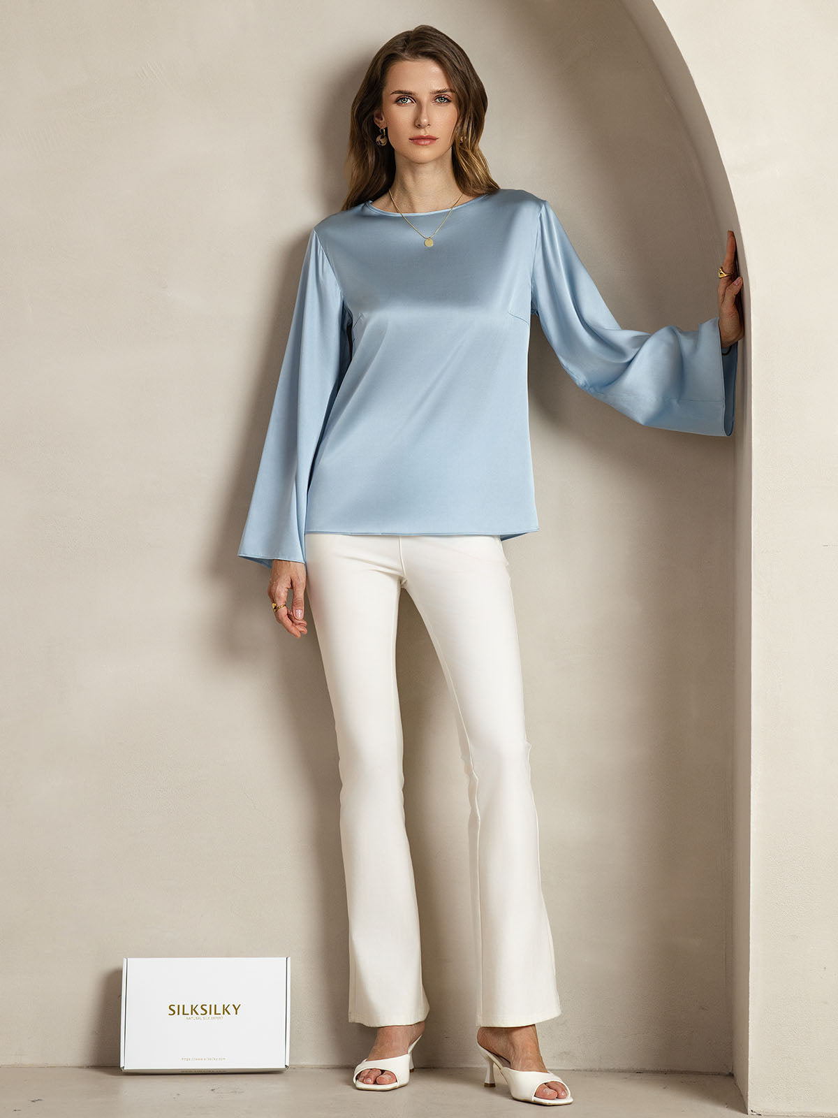 [Blu Grigiastro] SilkSilky-IT 19Momme Seta Womens T-Shirt 003