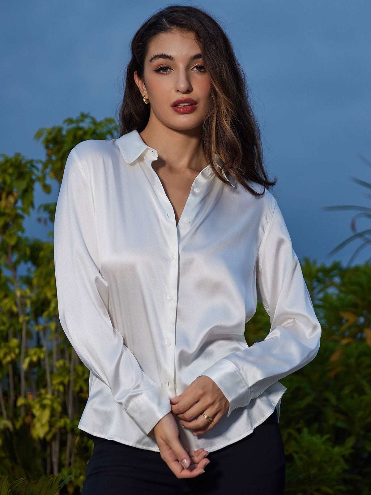 [Bianco] SilkSilky-IT Seta Colletto risvolto Camicie da donna 004