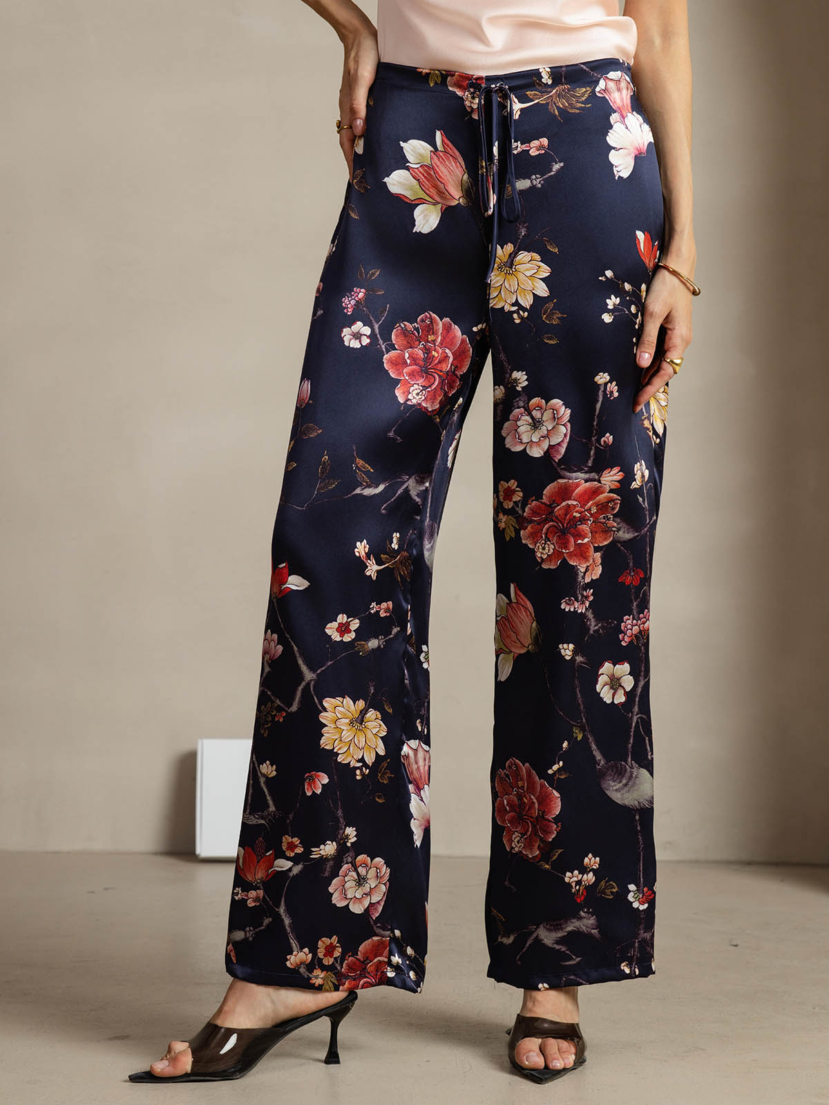 [Floreale Blu Navy] SilkSilky-IT 19Momme Seta Womens Pants 001