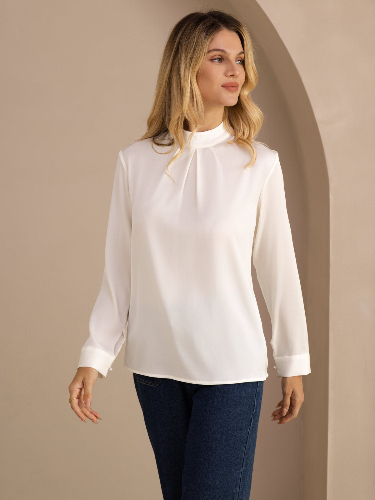 [Bianco] SilkSilky-IT Long Sleeve Stand Collar Bluse 001