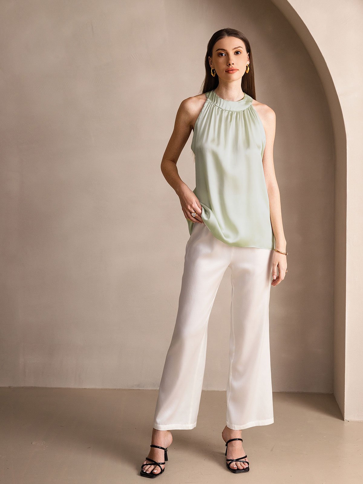 [Verde Chiaro] SilkSilky-IT 19Momme Seta Senza maniche Womens T-Shirt 005