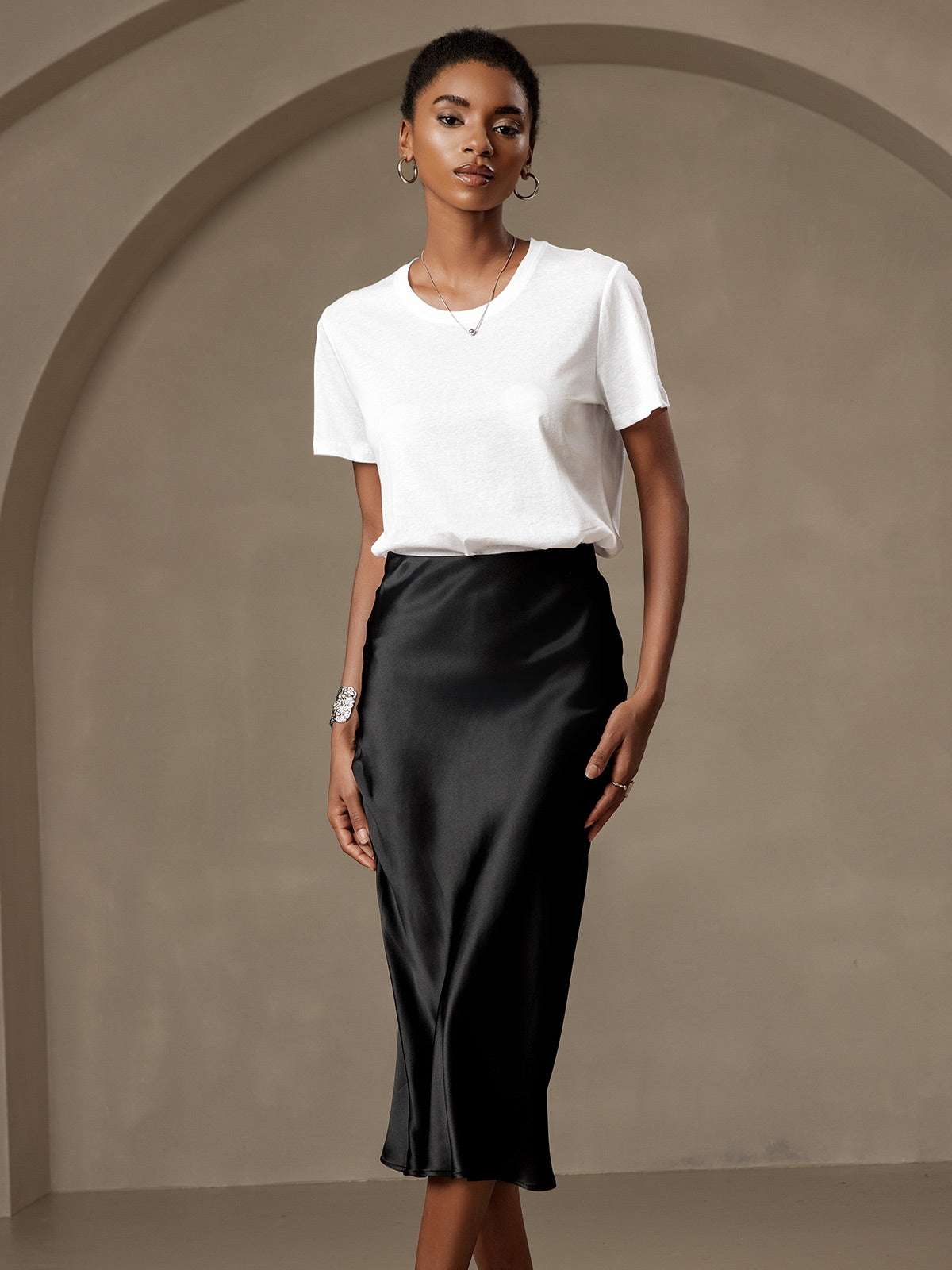 [Bianco] SilkSilky-IT Maglia di seta Maniche Corte Round Neck Magliette donna 004