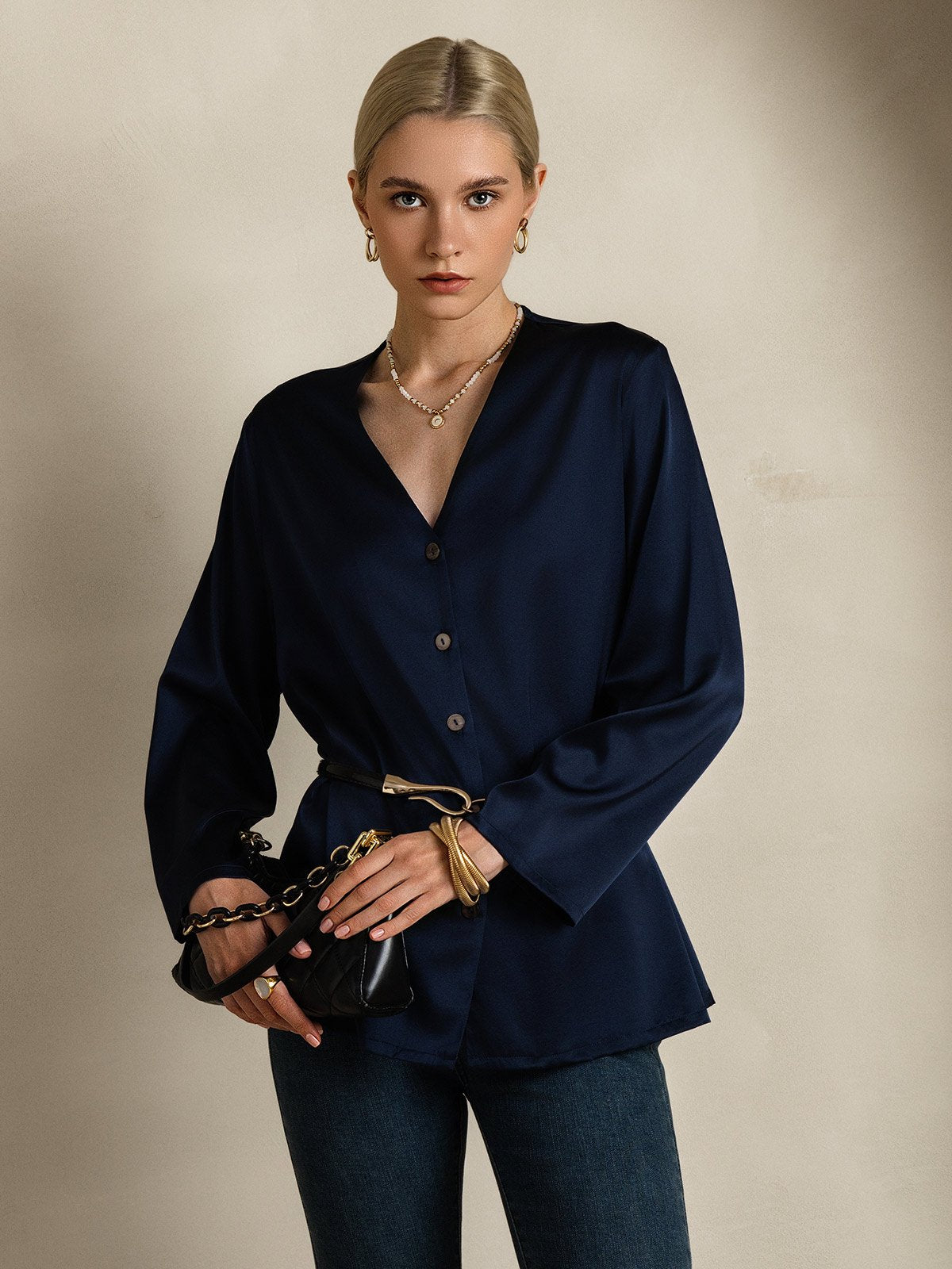 SilkSilky-IT 19Momme Seta Manica lunga Collo a V Camicie da donna BluScuro 001
