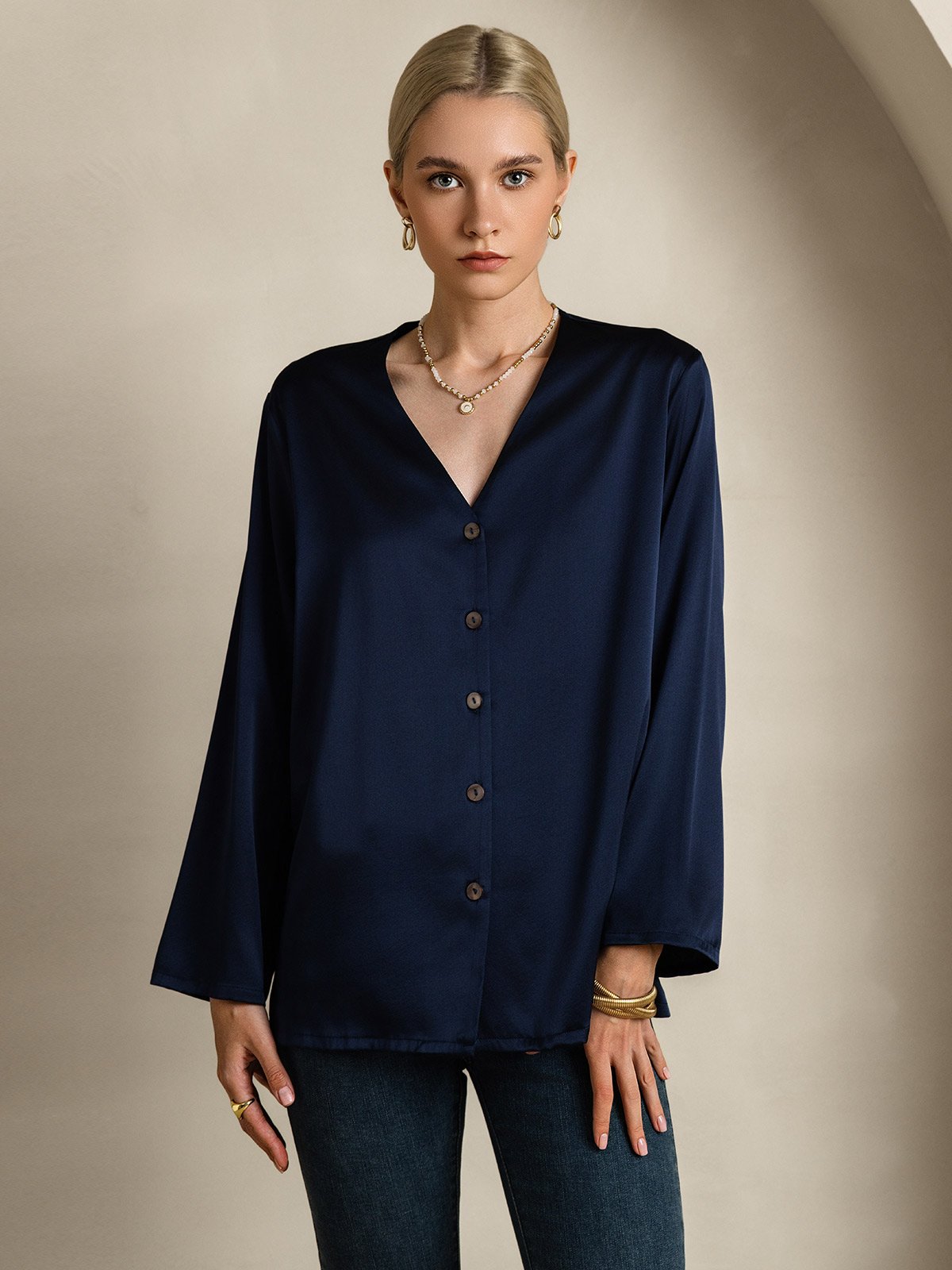 SilkSilky-IT 19Momme Seta Manica lunga Collo a V Camicie da donna BluScuro 003