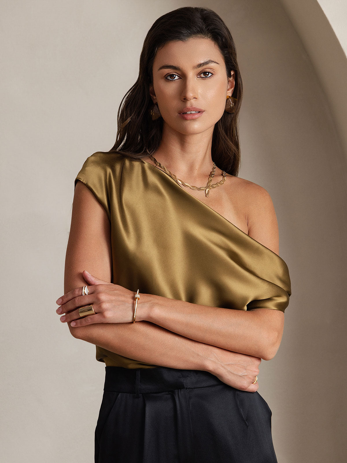 [Marrone] SilkSilky-IT 19Momme Seta Womens T-Shirt 003