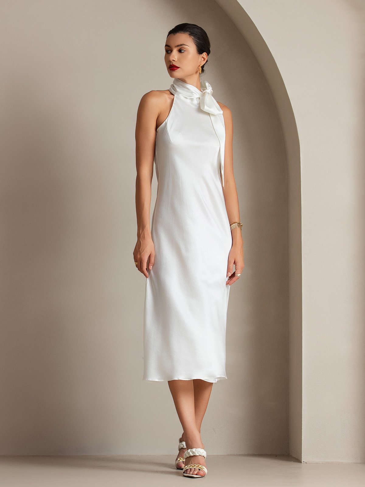 [Bianco] SilkSilky-IT 19Momme Seta Senza maniche Nodo al collo Vestiti da donna 008