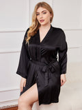 SilkSilky-IT Seta pura Manica lunga Scollo a V profondo Vestaglia da donna taglia grossa Nero 003