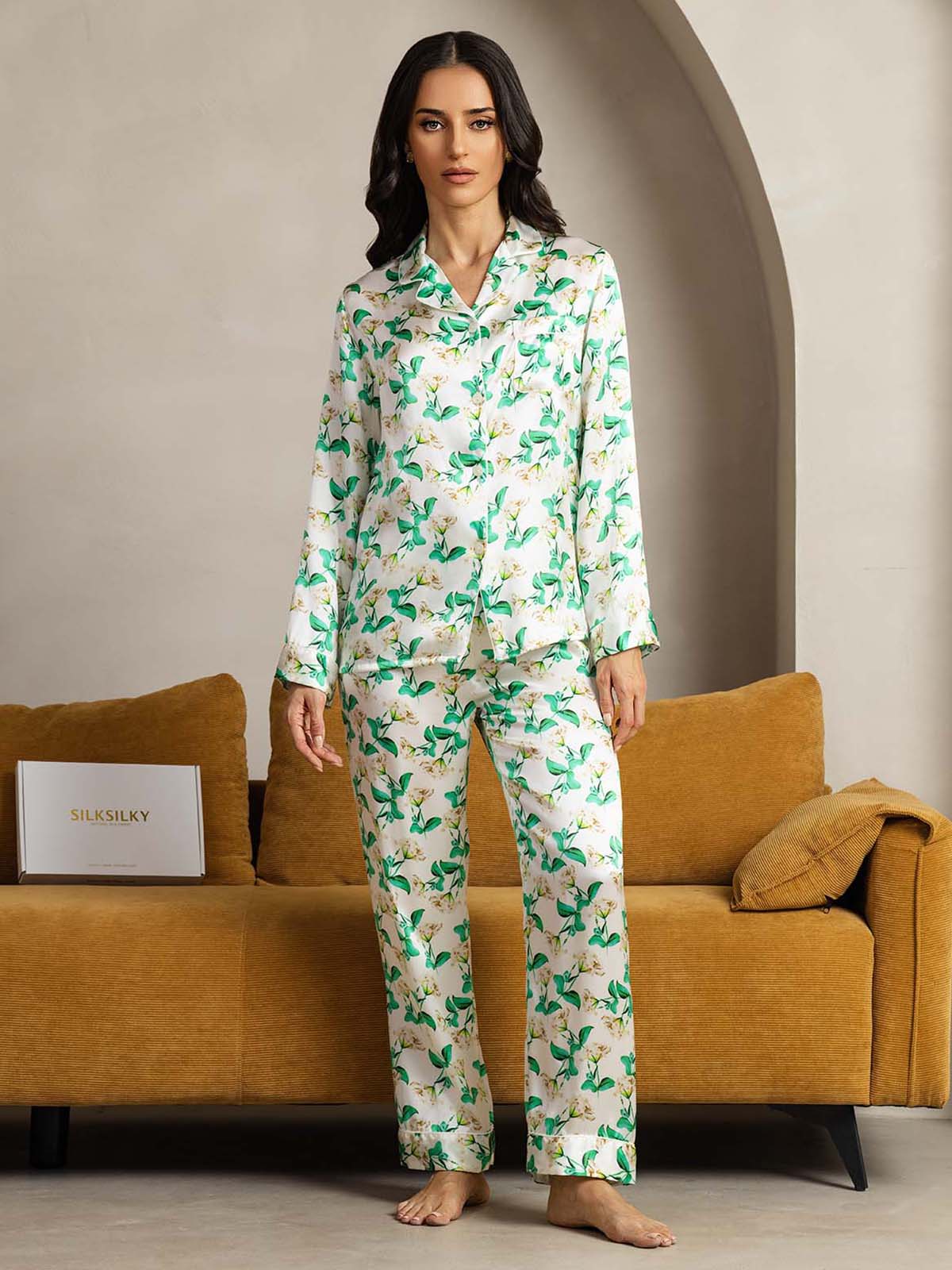 [Floreale Verde] SilkSilky-IT Seta pura Womens Pajamas 006