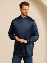 [Blu Scuro] SilkSilky-IT Long Sleeve Stand Collar Camicia da uomo 005