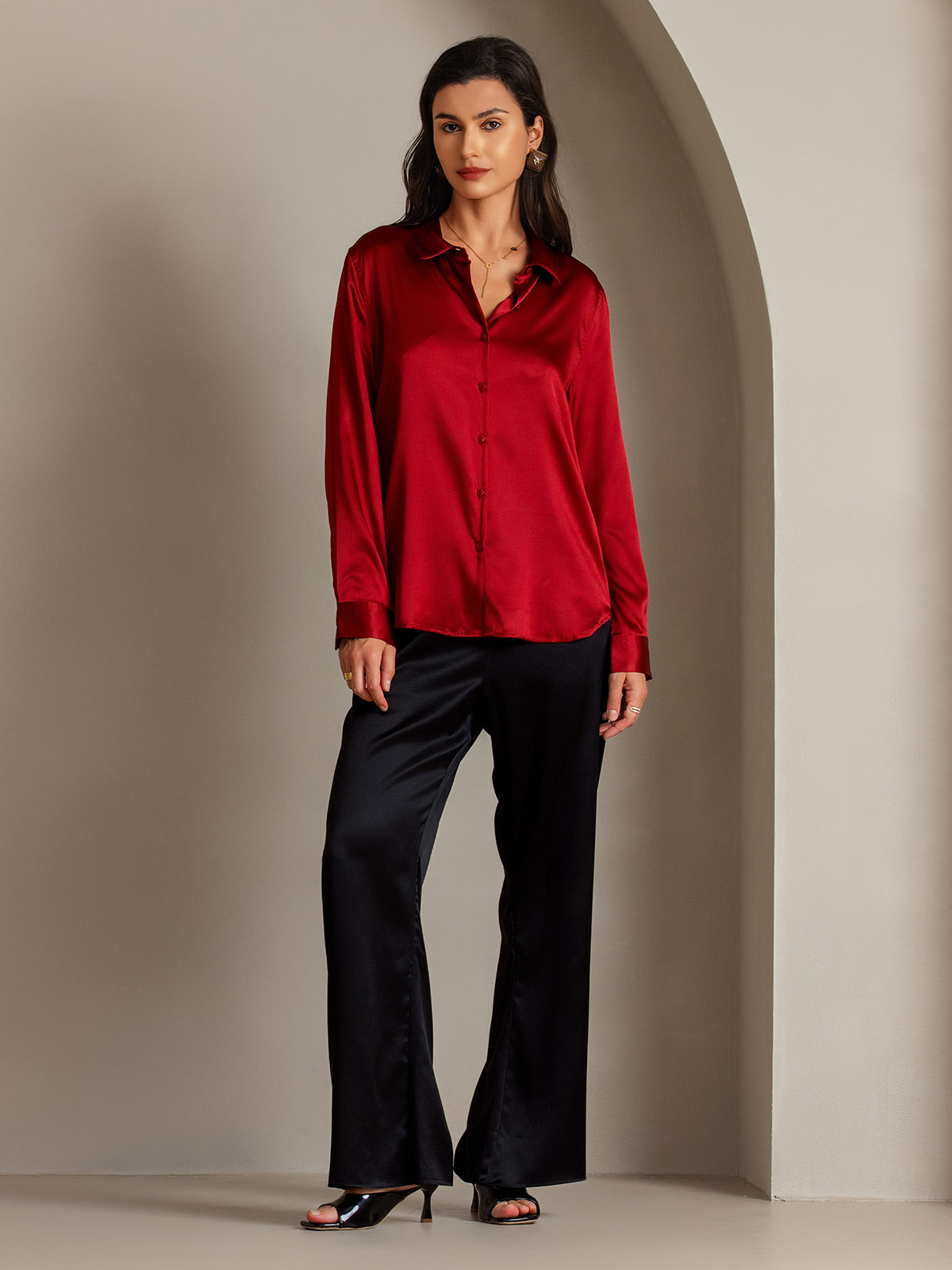 [Rosso] SilkSilky-IT Seta Colletto risvolto Camicie da donna 005