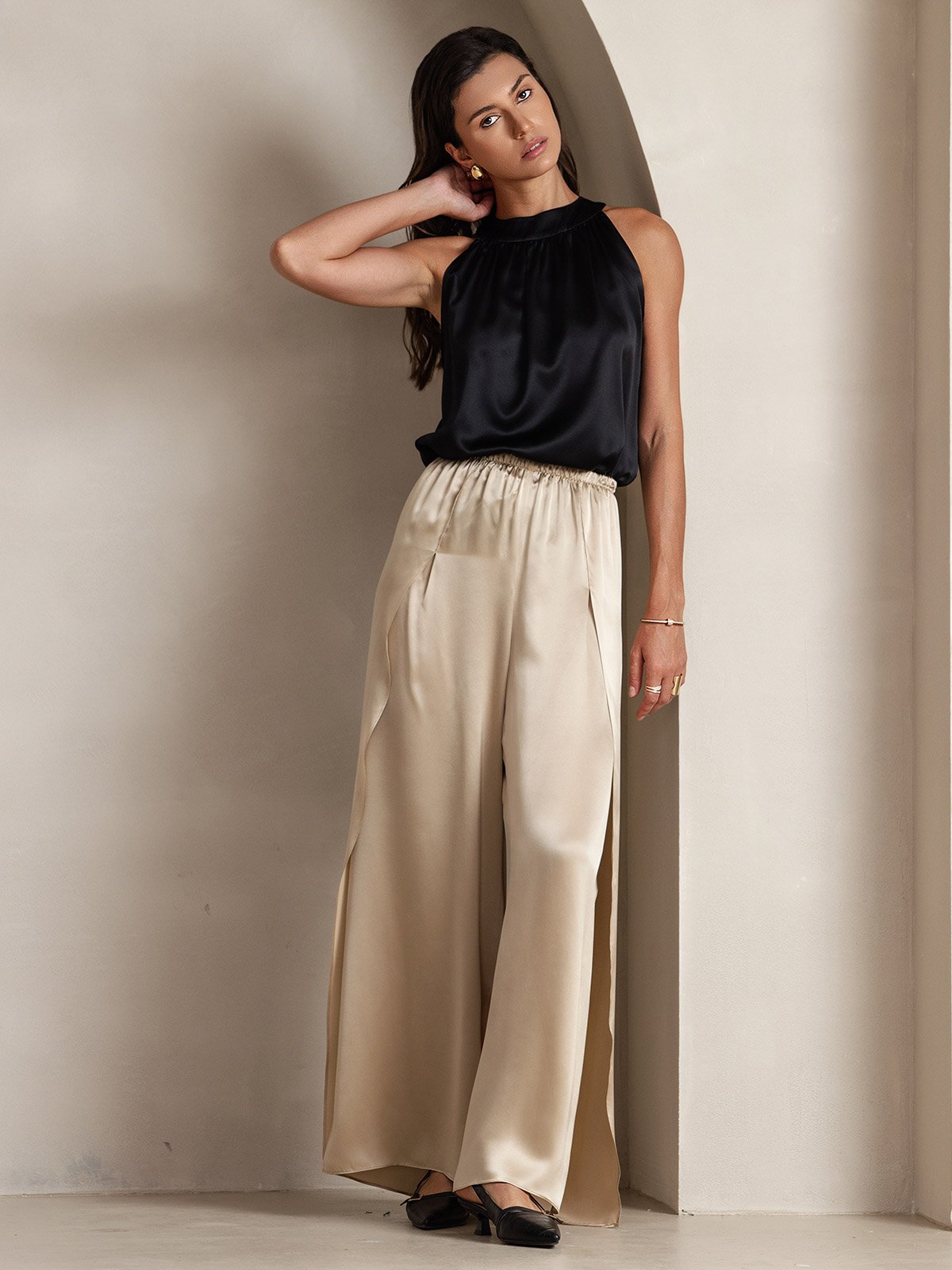 [Nero] SilkSilky-IT 19Momme Seta Senza maniche Womens T-Shirt 005