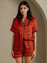 [Quadri Rossi] SilkSilky-IT Short Sleeve Notch Collar Pigiami da donna 003