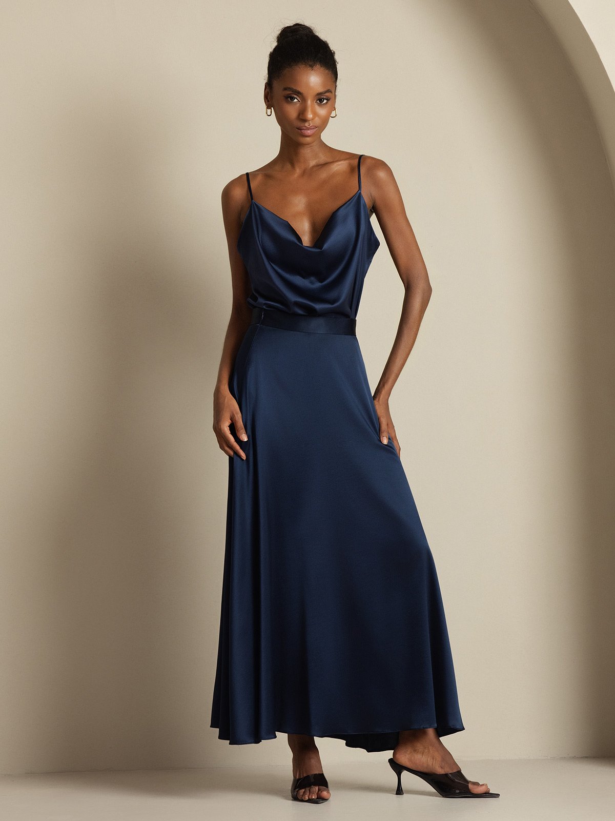 [Blu Scuro] SilkSilky-IT 19Momme Tirantes Finos Collo drappeggiato Women''s Outfit Sets 003