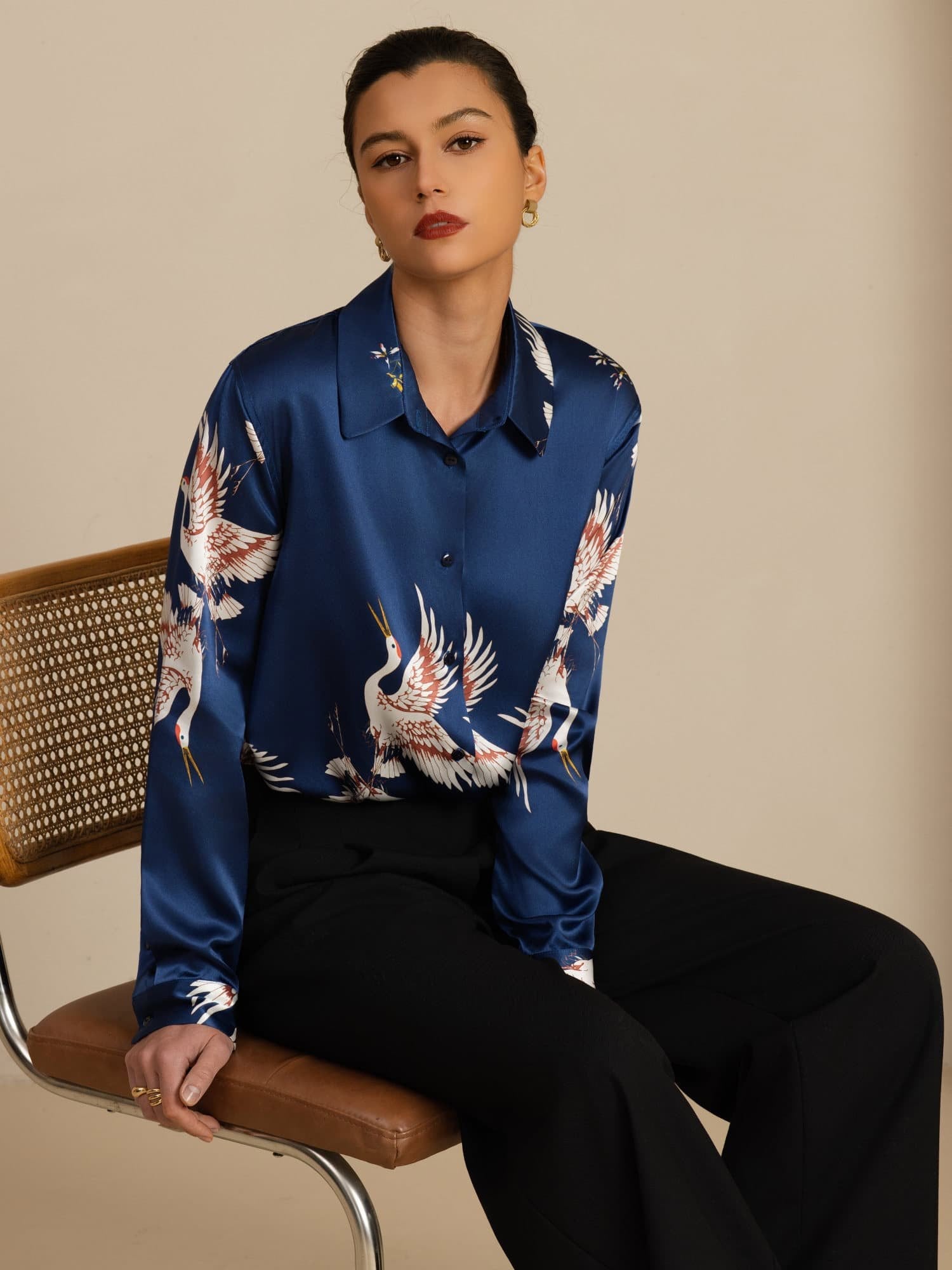 [Blu Scuro] SilkSilky-IT 19Momme Manica lunga Colletto con Revers Camicie da donna 001