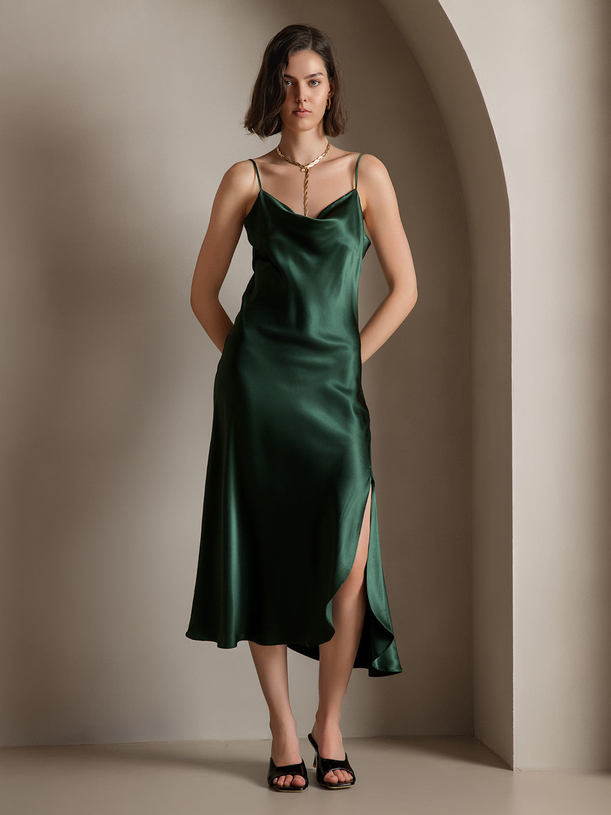 [Verde Scuro] SilkSilky-IT 19Momme Seta pura Collo drappeggiato Vestiti da donna 005