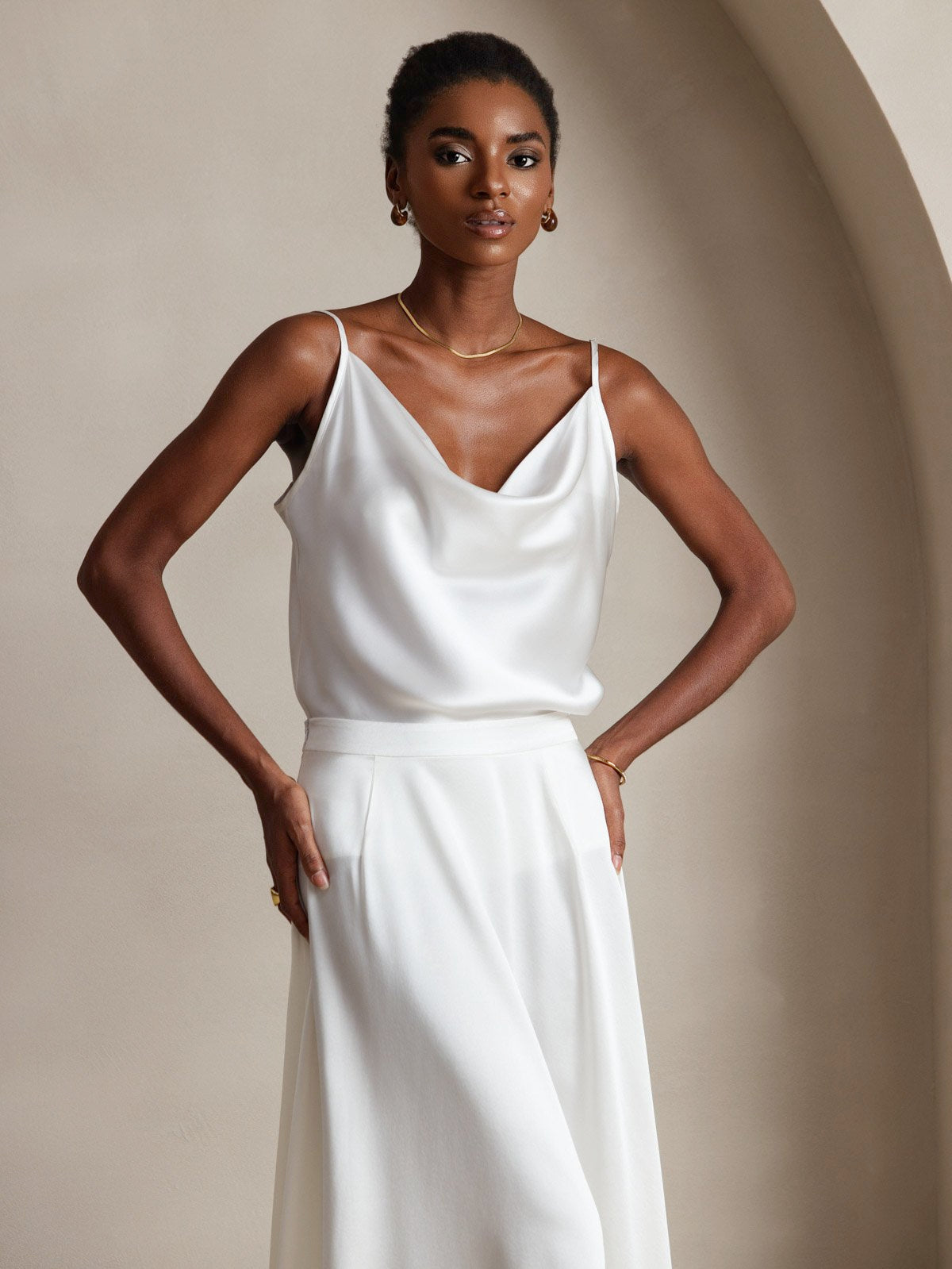 [Bianco] SilkSilky-IT 19Momme Tirantes Finos Collo drappeggiato Cami 004