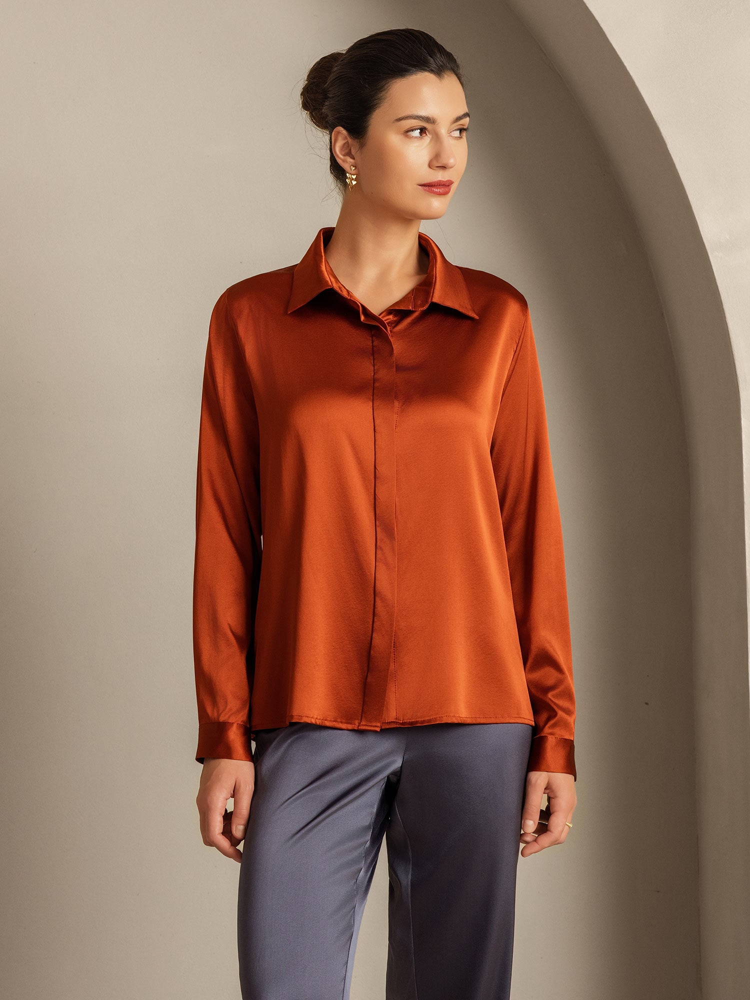 [Caramello] SilkSilky-IT 19Momme Seta Colletto risvolto Camicie da donna 005