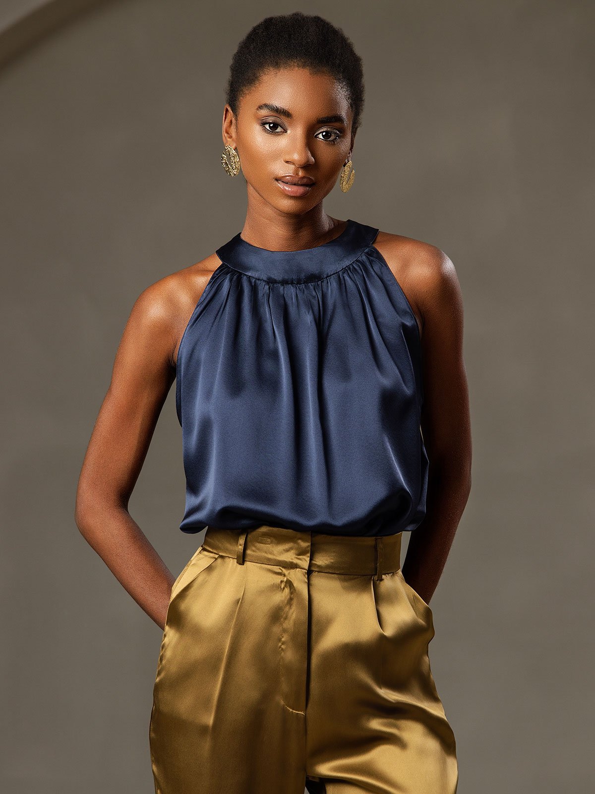 [Blu Scuro] SilkSilky-IT 19Momme Seta Senza maniche Womens T-Shirt 003