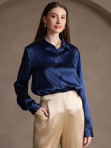 [Blu Scuro] SilkSilky-IT 19Momme Manica lunga Colletto con Revers Camicie da donna 005
