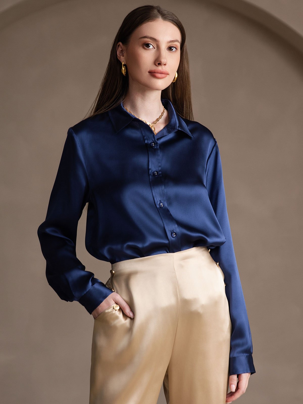 SilkSilky-IT 19Momme Seta Manica lunga Colletto risvolto Camicie da donna BluScuro 005