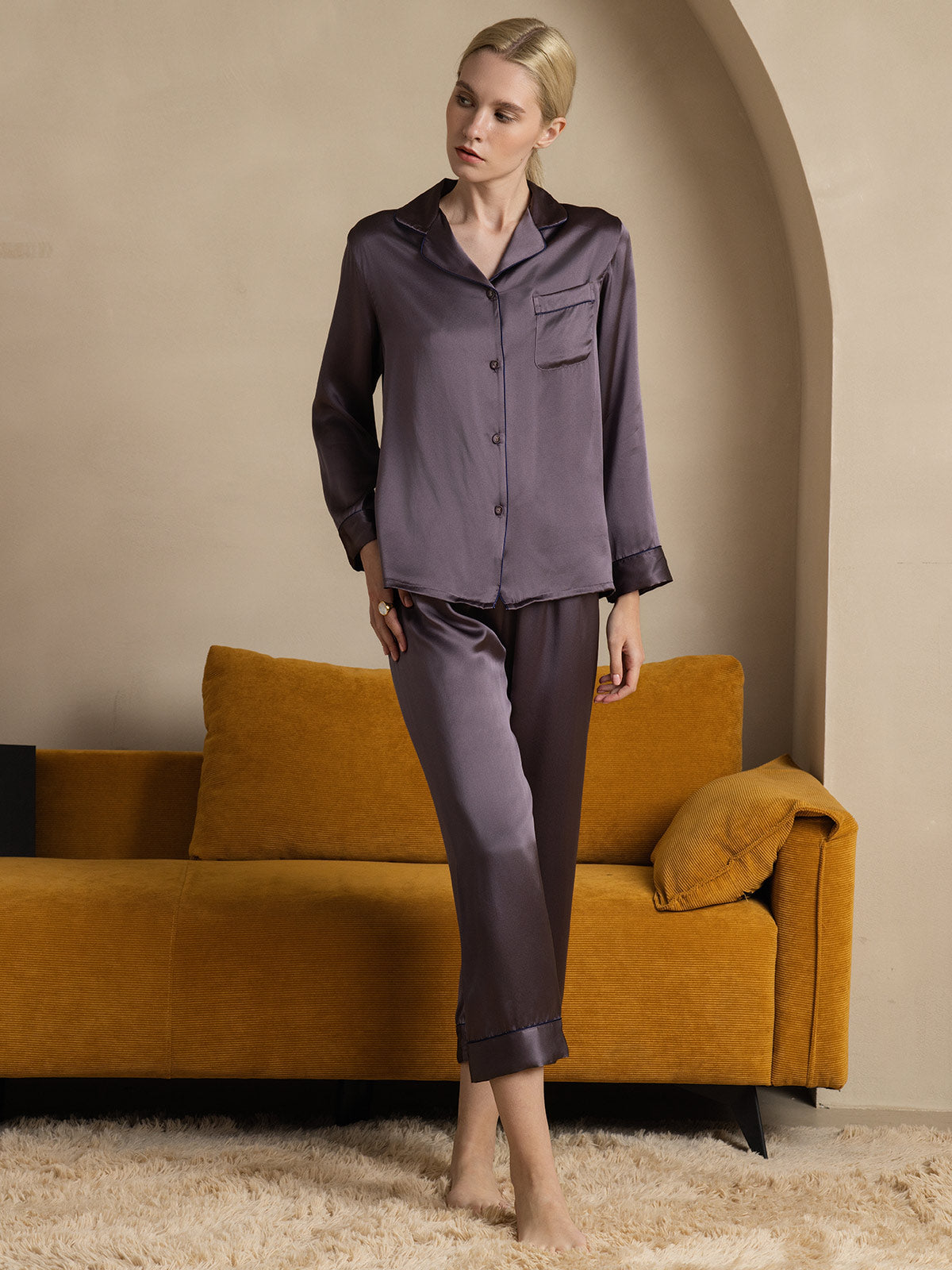 SilkSilky-IT Seta pura Manica lunga Collo risvolto dentellato Pigiami da donna GrigioPorpora 006