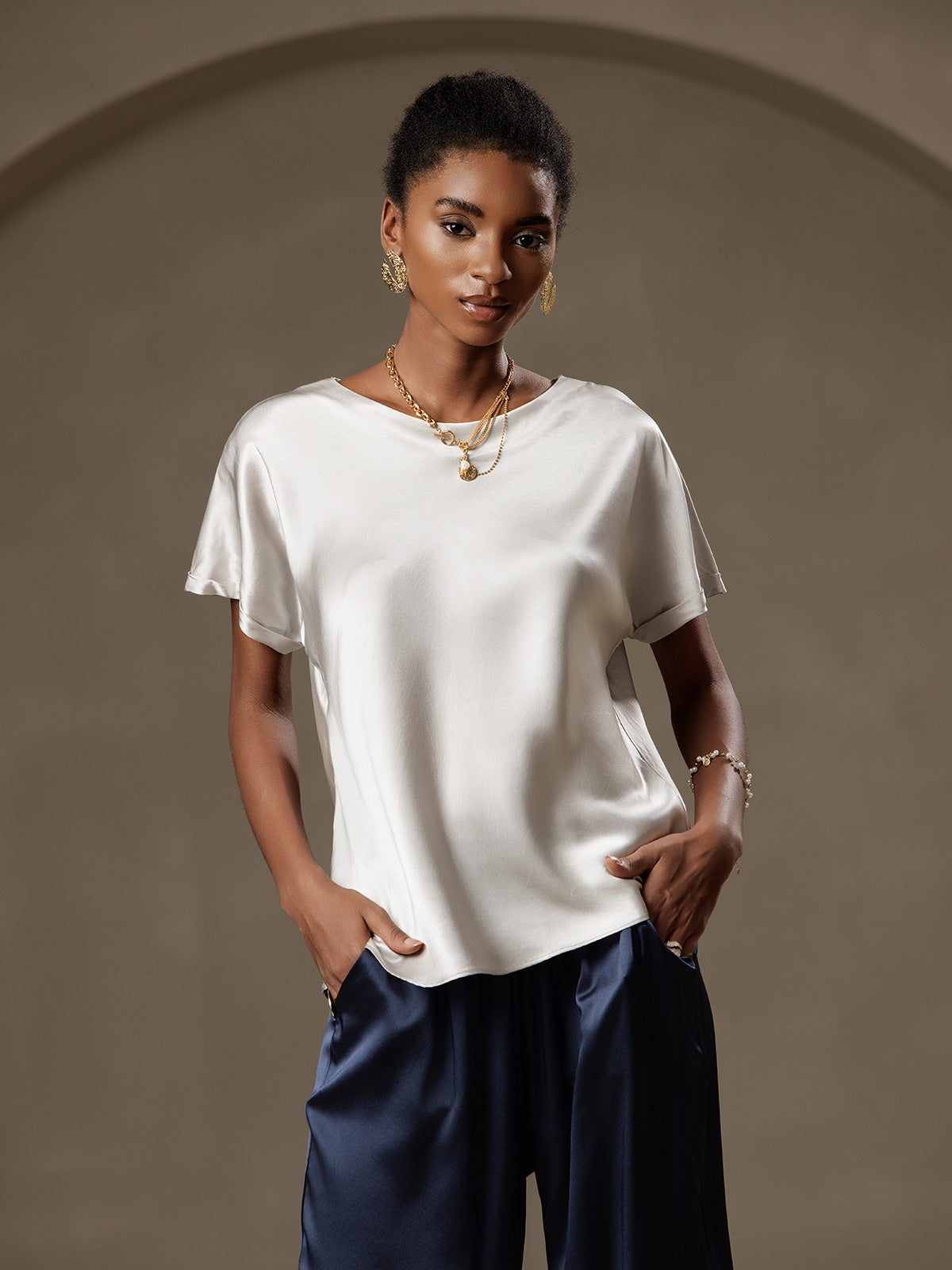 [Grigio Chiaro] SilkSilky-IT 19Momme Seta Womens T-Shirt 001
