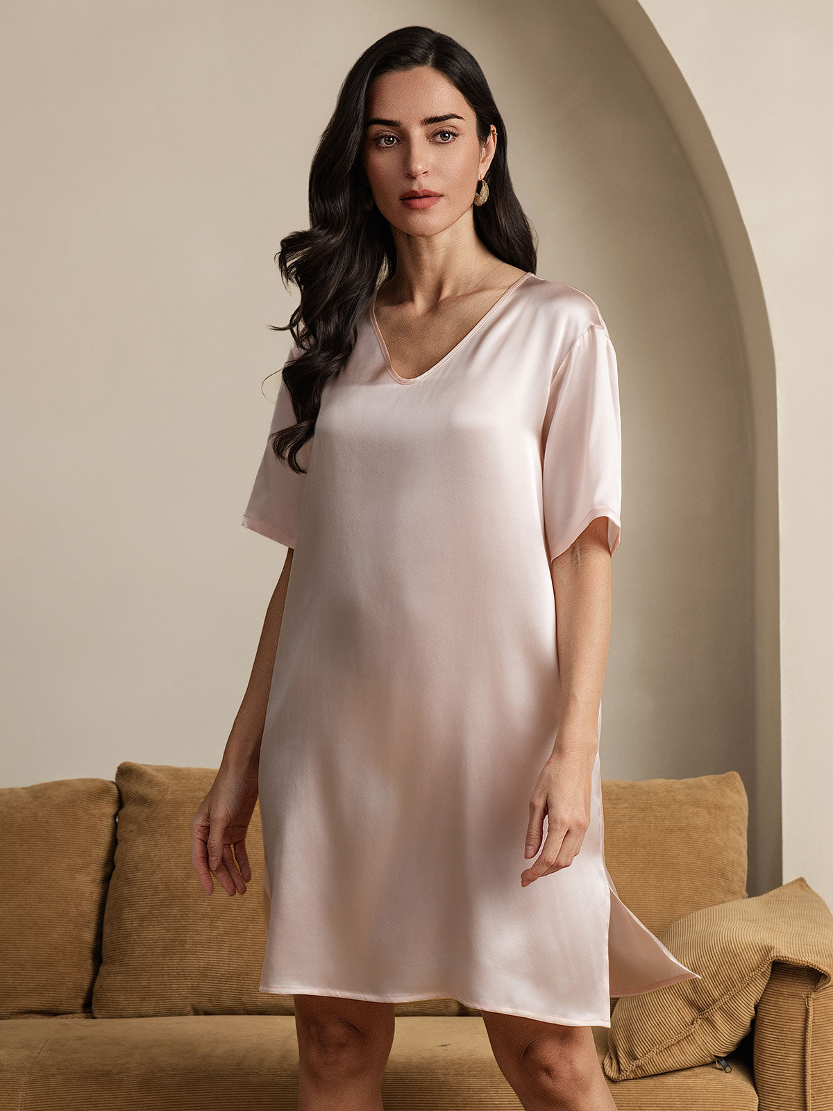 [Rosa Chiaro] SilkSilky-IT Seta pura Collo a V Camicia da notte 004