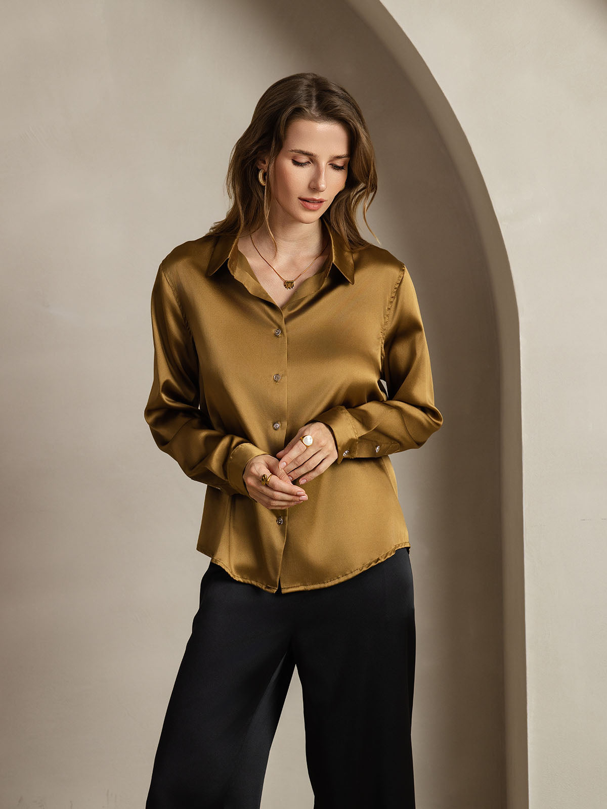[Bronzo] SilkSilky-IT Seta Colletto risvolto Camicie da donna 006