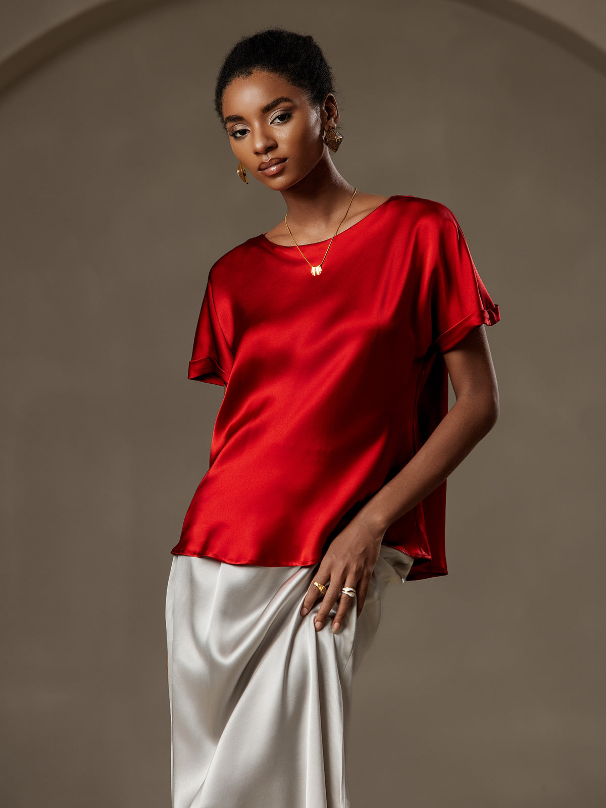 [Vino] SilkSilky-IT 19Momme Seta Maniche Corte Womens T-Shirt 001