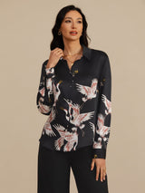 [Nero] SilkSilky-IT 19Momme Manica lunga Colletto con Revers Camicie da donna 005