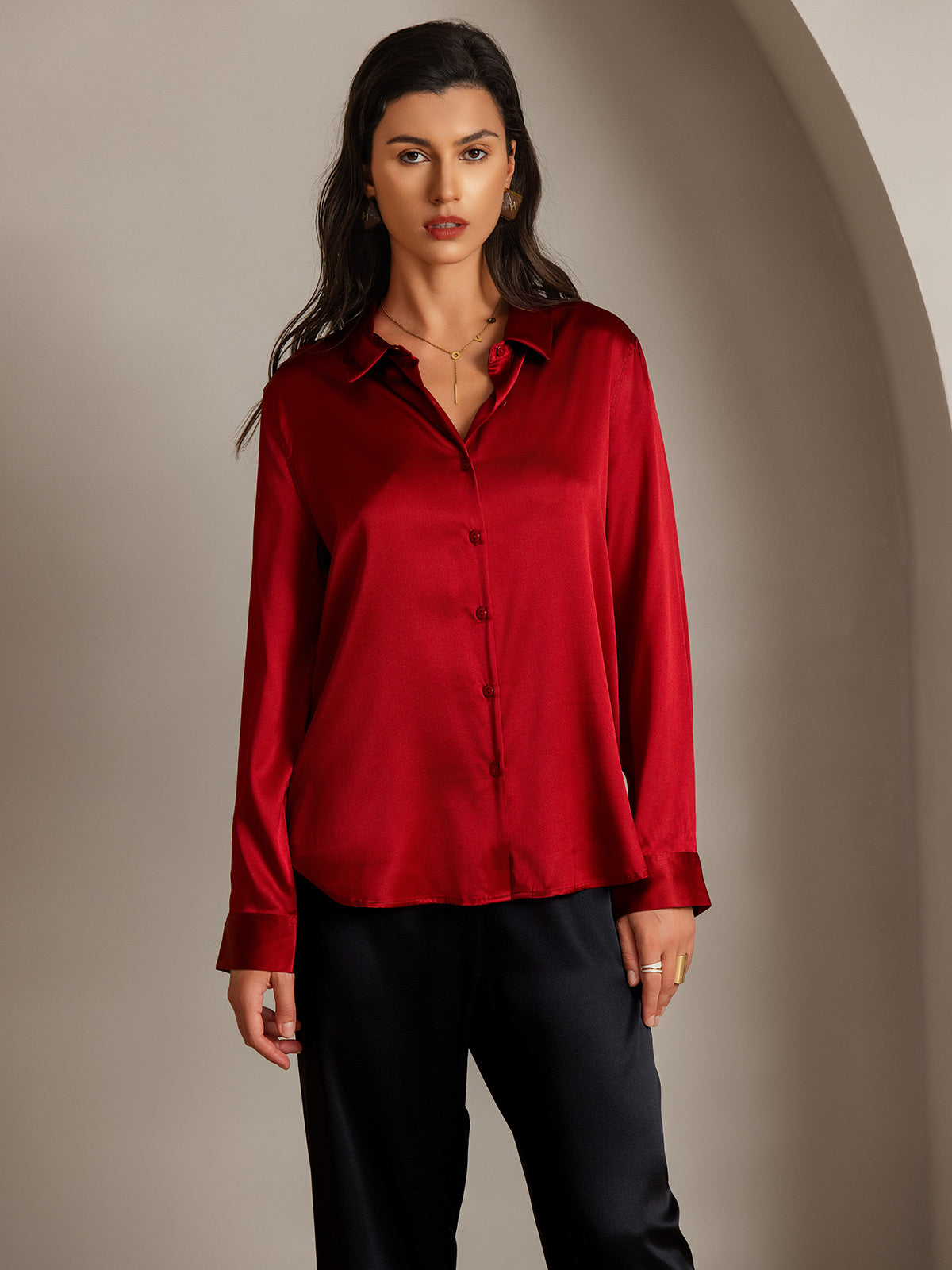 [Rosso] SilkSilky-IT Seta Manica lunga Colletto risvolto Camicie da donna 003