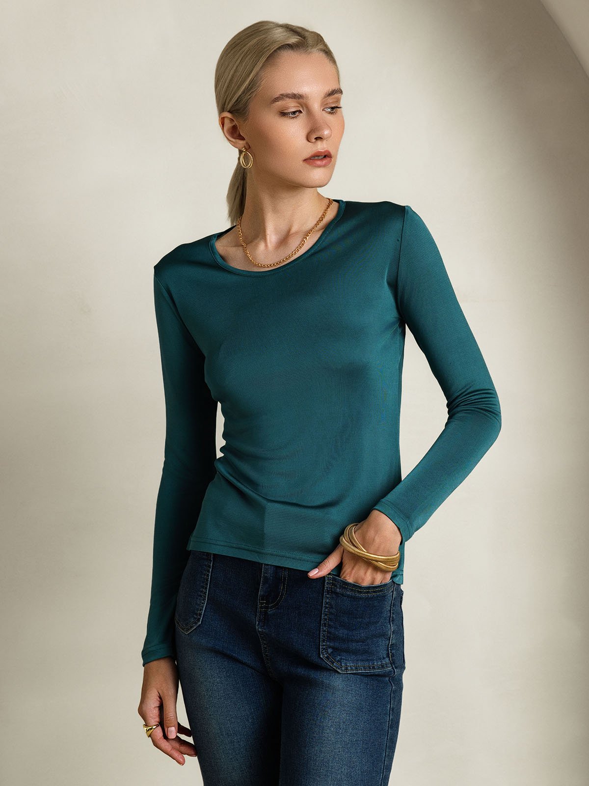 [Verde Posy] SilkSilky-IT Manica lunga Scollo rotondo Magliette donna 001