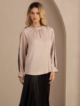 [Marrone Chiaro] SilkSilky-IT Long Sleeve Keyhole Neck Bluse 004