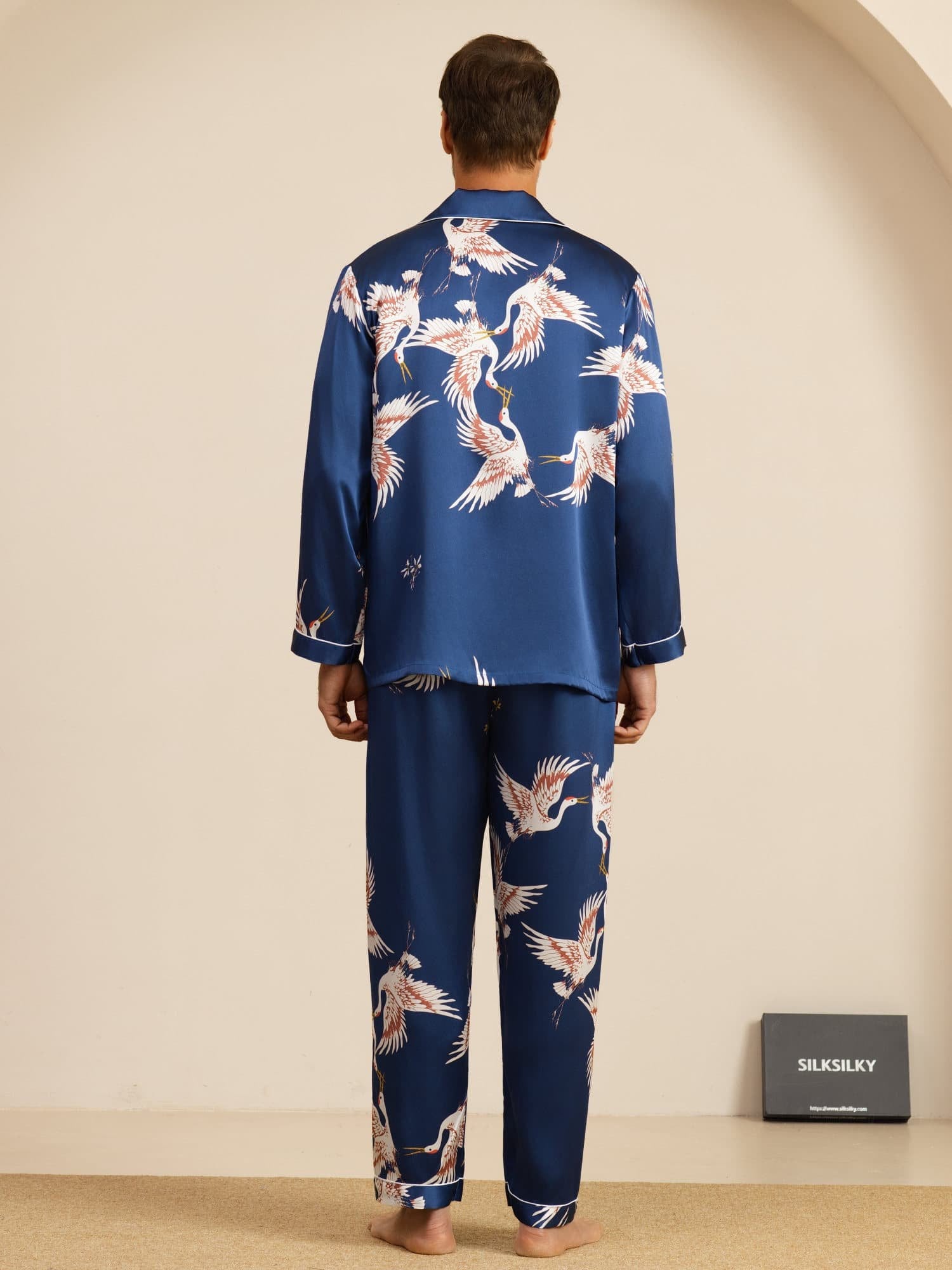 [Blu Scuro] SilkSilky-IT 19Momme Manica lunga Collo a Taglio Pigiami da uomo 002