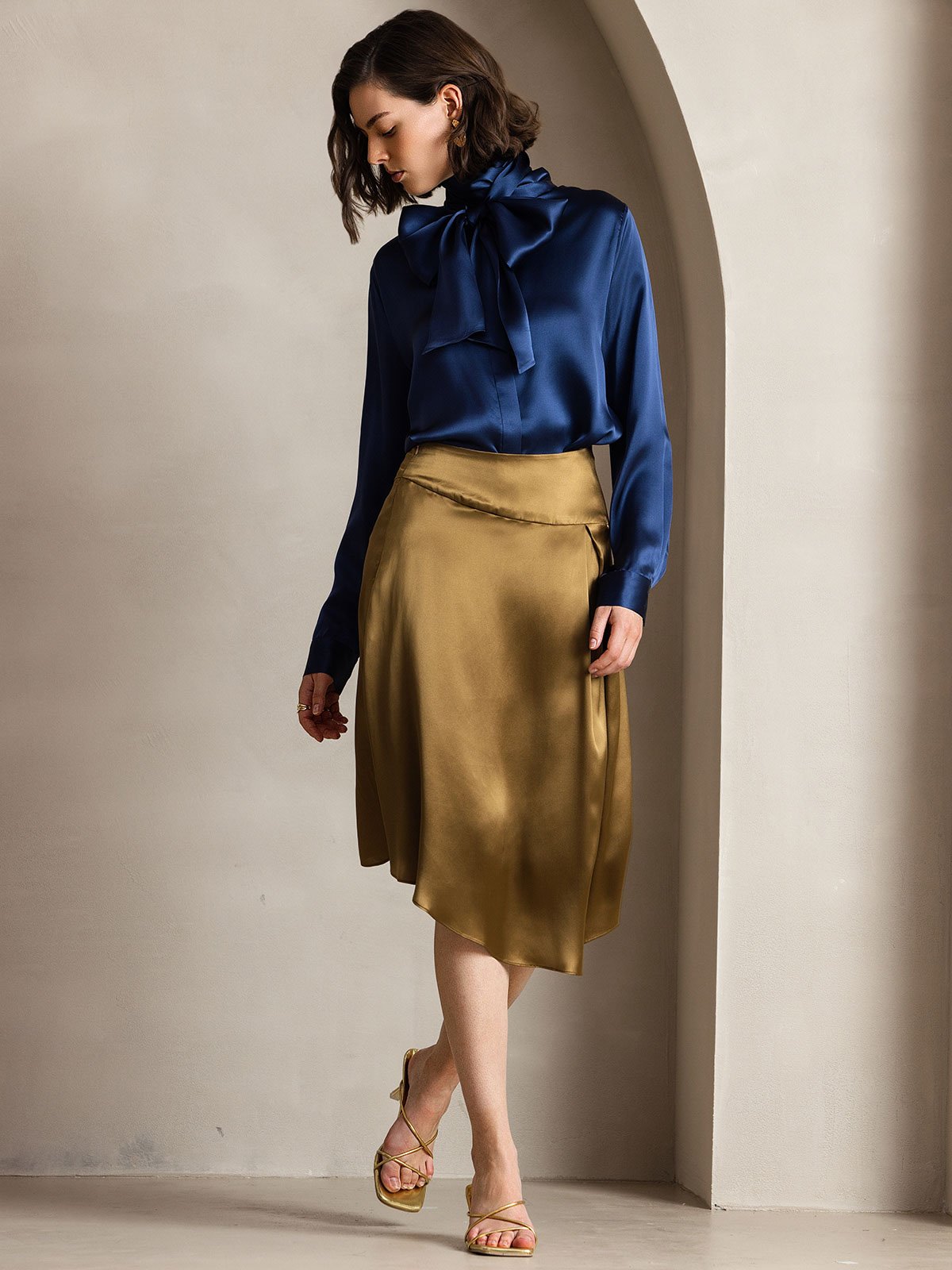 [Blu Scuro] SilkSilky-IT 19Momme Seta Manica lunga Blouse 005