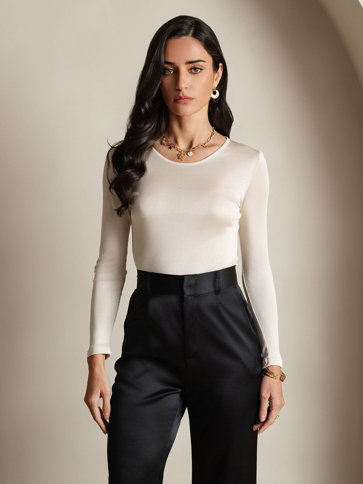 [Beige] SilkSilky-IT Manica lunga Scollo rotondo Magliette donna 001