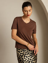 [Caffè] SilkSilky-IT Short Sleeve V Neck Magliette donna 006