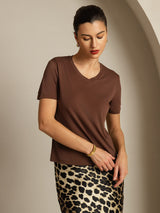 [Caffè] SilkSilky-IT Short Sleeve V Neck Magliette donna 006