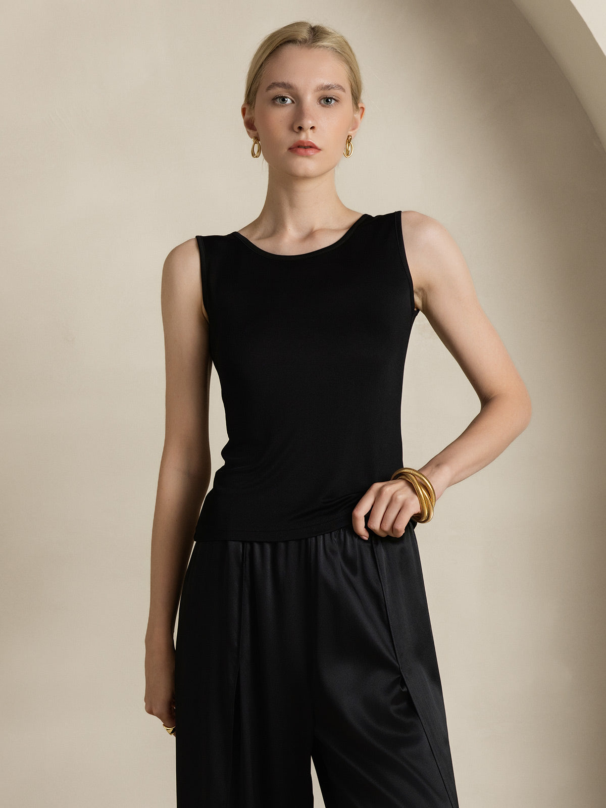 [Nero] SilkSilky-IT Maglia di seta Senza maniche Round Neck Magliette donna 003